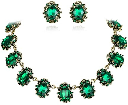 Clearine Victorian Style Statement Necklace Pierced Earrings Jewellery Set for Women Crystal Floral Cameo Inspired Oval Party Prom Jewelry Emerald Antique-Gold-Tone