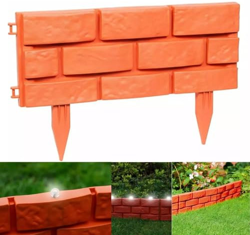 YORKSHIRE HOMEWARE Pack of 12 Instant Brick Effect Border Lawn Edging | Interlocking Flower Bed Edging With LED Solar Lights | Outdoor Garden Lawn Decoration Edging | Walkways Defining Edge