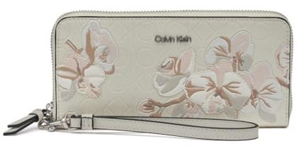 Calvin Klein Portefeuille zippé Saffiano Continental avec dragonne pour femme, Gaufrage floral crème, taille unique