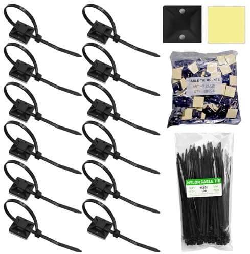200pcs Cable Ties Set, 100pcs 150mm Black Plastic Cable Ties and 100pcs Self Adhesive Cable Tie Base Holders, Sticky Pads Organizer with Self Locking Tie Wraps for DIY Home Office(Black)
