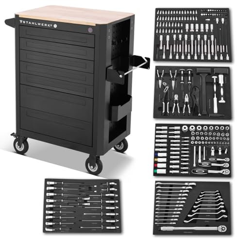 STAHLWERK Werkstattwagen Crow bestückt mit 235 Premium-Werkzeugen aus Chrom-Vanadium abschließbarer Werkzeugwagen | Profi Montagewagen mit 7 Schubladen und gummierten Long-Life-Rollen