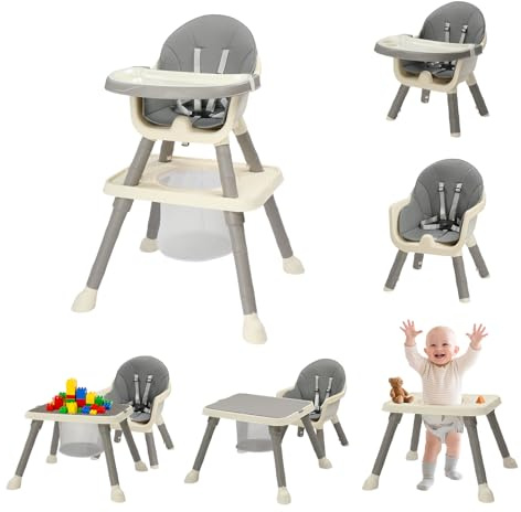 Bonnlo Baby Hochstuhl mit Liegefunktion, Hochstuhl Baby ab 6 Monate für Essen und Badewanne, Premium Babystuhl mit Goldrahmen, Inkl. Doppeltablett und Fußstütze, Bis 15 kg (Grau)