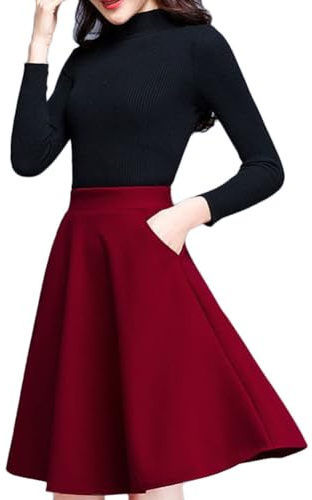 Dam basic midikjol A-linje skater stretchig blommig hög midja kjol utsvängda ullkjolar med fickor, Röd, XL