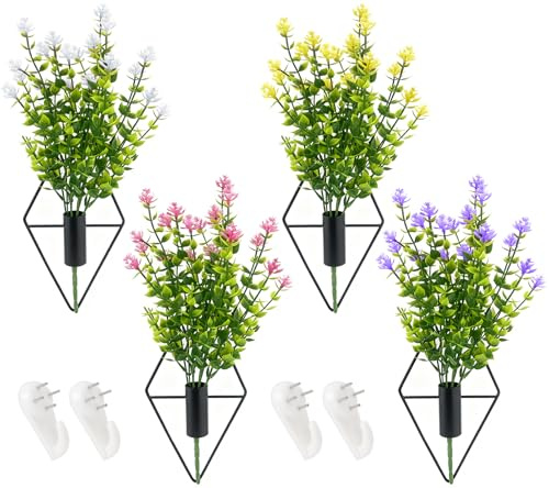 GZhaimai 4 stycken geometriska väggblomkrukor, järn romb, vägghållare, metall hängande med 4 konstgjorda växter, modern guld svart design, perfekt för vardagsrum sovrum hall