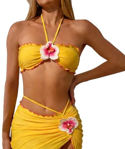 Zanisouta Maillot de bain 2 pièces Y2k pour femme - Avec fil en O - Dos nu - Taille haute - Sexy - Réglable - Bandeau sans bretelles - Deux pièces - Coupe haute, P jaune., L