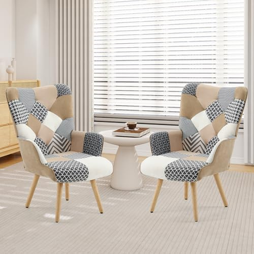 XH.Easy Go Pack de 2 Sillones de Acento Patchwork, Sillones Tapizados de Tela de Lino con Respaldo Alto y Patas de Madera para Salón, Dormitorio y Sala de Espera, Gris