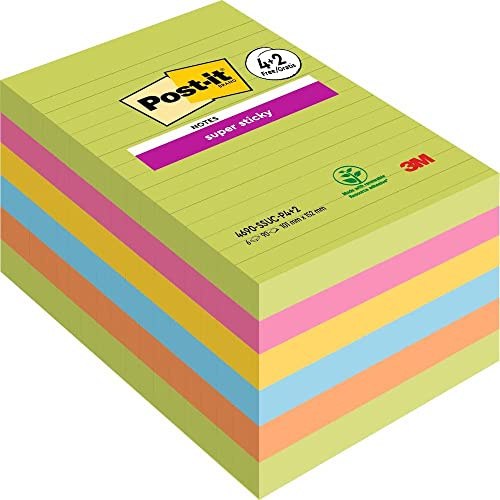Post-it Super Sticky Große Notes, 4 + 2 Gratis-Blöcke, 101 x 152 mm | Selbsthaftende Notizzettel mit Stärkerer Haftung für Meetings, Listen und Erinnerungen; Haften auf Vertikalen Oberflächen