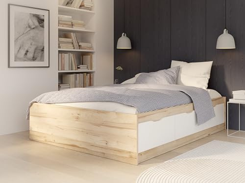 Forte VANKKA Jugendbett 150, modernes Bett mit 3 Schubladen, Jugendzimmer, Kinderzimmer, Holzwerkstoff, Stabeiche Holzdekor/Weiß, 150,5 cm breit x 43 cm hoch x 194,9 cm tief