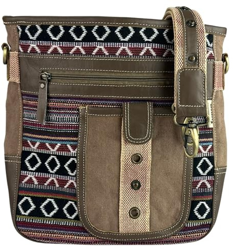 Sunsa Damen Umhängetasche. Retro Tasche aus Canvas Baumwolle & Leder braun | Vintage Handtasche mit verstellbaren Henkel. Crossbody Bag mit viel Fächer. Große Schultertasche. Freizeit Damentasche