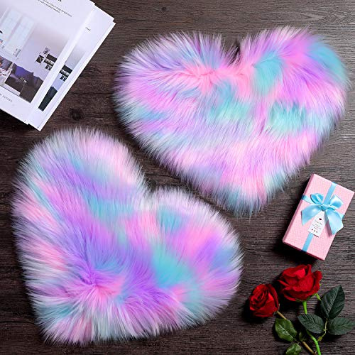 Mudder 2 Pieces Heart Shaped Rugs for Bedroom, Fluffy Faux Fur Rugs, Small Size for Room Decor Sofa Floor, 12 x 16 Inch(Pink, Purple, Green)