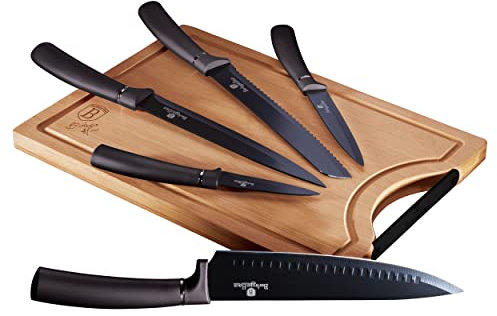 Berlinger Haus Carbon Pro Set de 5 Couteaux de Cuisine Professionnels, Planche à Découper en Bambou, Lame en Acier Inoxydable, Revêtement Antiadhésif, Couteau de Chef, Pain, Design Metallic Line
