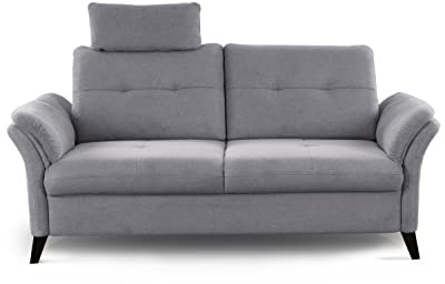 CAVADORE 3er Sofa Grönland / Skandinavische 3-Sitzer-Couch mit Federkern, Sitztiefenverstellung + Kopfstütze / 193 x 90 x 102 / Flachgewebe, Grau