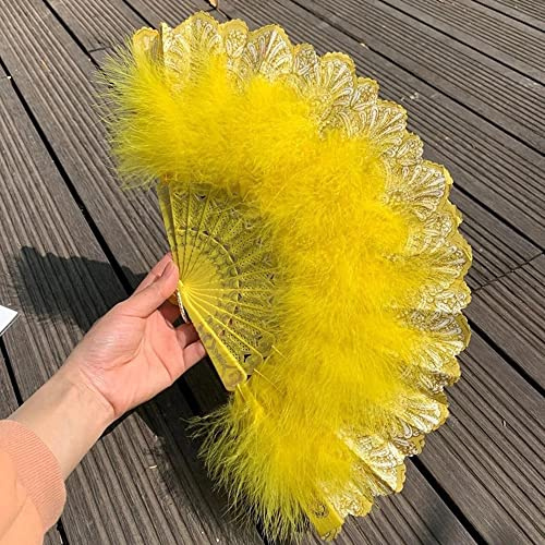 Duories Feder Handfächer Faltfächer Klappfächer Vintage Spanische Viktorianischen Damen Fächer Tanzen Hand Fan für Hochzeit Geschenk Sommer Feste Party Fasching Kostüm,Gelb