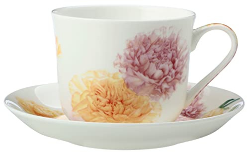 Maxwell & Williams JY0034 Tasse mit Untertasse 480 ml – Serie Floriade – Weiß Bone China Porzellan in Geschenkbox, Nelke