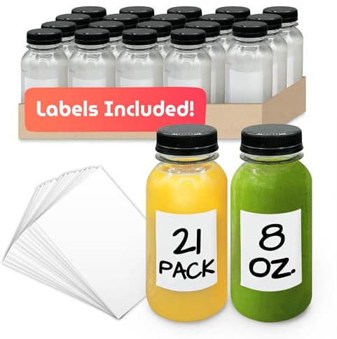 Reli. Plastic Juice Bottles [21 Pack] [8 oz] Round Plastic Juice Bottles with Caps & Sticker Labels | Clear, Empty for Juicing 8oz | Disposable, Reusable Containers for Juicing, Smoothies
