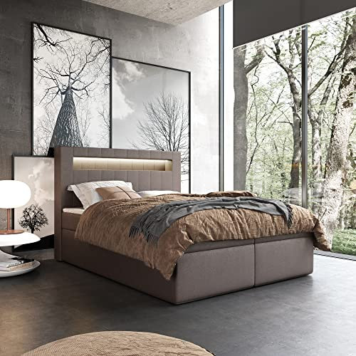 FURNISTAR Boxspringbett Doppelbett ROTTWEIL - 160x200cm Bett mit Bonellmatratze, mit Bettkasten für Bettwäsche und Topper. Bett mit Kopfteil. LED-beleuchtete Kopfstütze. (Soft 66, 160x200)