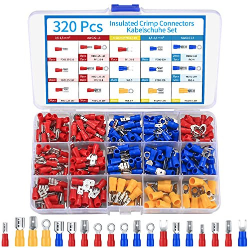 320 Pcs Electrical Connectors, Insulated Crimp Connectors, Auto Car Male/Female Wire Electrical Terminals Set, Spade Bullet Butt Fork Ring Wire Crimps Terminals Connectors, Red/Yellow/Blue
