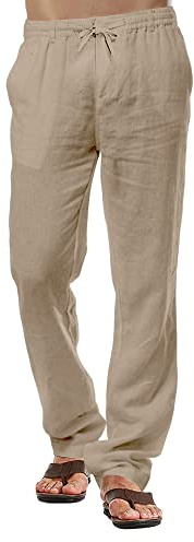 CTU Mens Linen Trousers Casual Cotton Trouser Summer Beach Pants Lightweight Drawstring Trousers Khaki 4XL