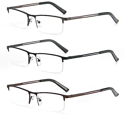 KoKoBin 3 occhiali da lettura anti luce blu, per uomo e donna, con filtro luce blu, telaio in metallo, cerniera a molla, aiuto per la lettura di mezzo telaio, Confezione da 3, 1/1.5/2/2.5/3/3.5