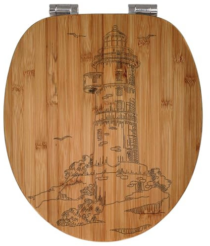 banjado® Hochwertig gravierter Design WC Sitz Bambus Absenkautomatik Leuchtturm 1 / Toilettendeckel mit Absenkautomatik Holz/Bambus Klodeckel/WC-Sitz für alle gängigen Toiletten