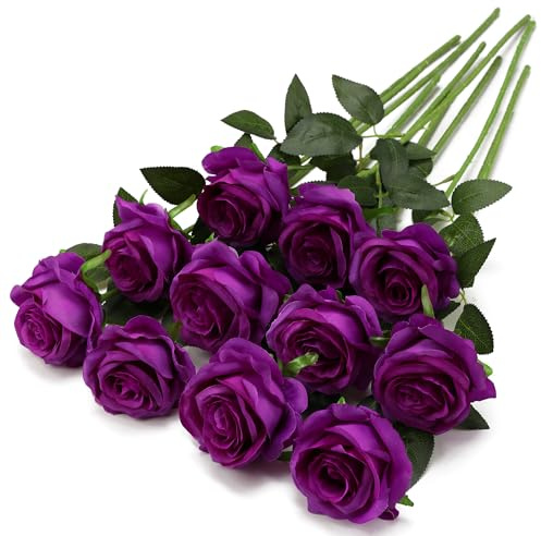 Tifuly Purple Fake Roses Artificial Flowers - 10 Pcs Fake Artificial Purple Roses Silk Flowers with Stems for Home Wedding Hotel Office Centerpiece Decor