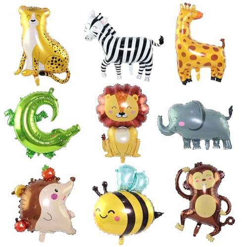 Siumir Jungle Animal Balloons, 9 Gaint (20-36in) Safari Animal Balloons for Children Birthday Party, Animal Theme Party Decoration, Monkey, Elephant, Zebra, Lion, Leopard, Crocodile, Giraffe, Bee