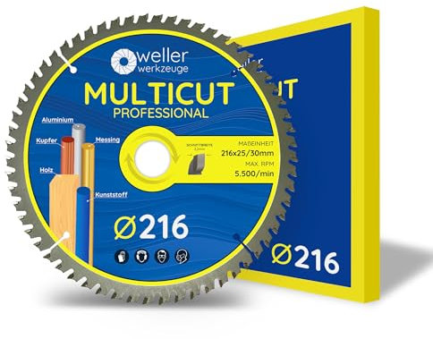 WELLERWERKZEUGE | Profi MULTICUT Kreissägeblatt Sägeblatt 216x30mm + 25mm 60 Zähne für Holz Kunststoff Aluminium passend für Akku Kreissäge Tischsäge wie Bosch Metabo Einhell