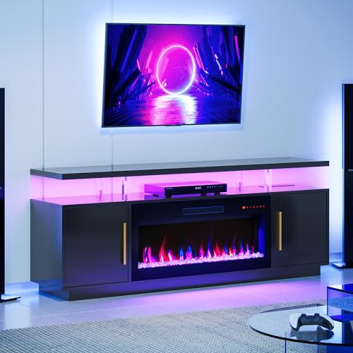 BELLEZE - Soporte de TV con chimenea de 70 pulgadas para televisores de hasta 75 pulgadas, centro de entretenimiento con luz LED con chimenea eléctrica de 36 pulgadas, armario de almacenamiento con