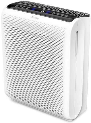AROEVE Air Purifiers for Bedroom Home Large Room Up to 1504 Ft², 5 Layer Filter for Smoke Pollen Allergies Pet Dander Odor, Air Quality Monitor, Sleep Mode, Timer for Office, Dorm, Kitchen, MK07 White