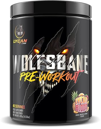 Lycan Labs Wolfsbane Strong Pre Workout Powder – High Stim Energy, Pump & Focus, 350mg Caffeine, 6g Citrulline, 3.2g Beta‑Alanine, Mango, Pineapple & Orange, 40/20 Servings