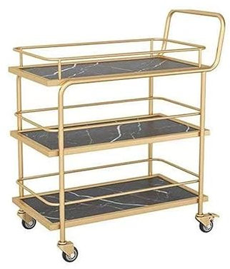 Getränkewagen, goldfarben, Barwagen auf Rädern, 3-stöckig, Servierwagen, Barwagen mit abschließbaren Rollen, Küche, Wohnzimmer, Aufbewahrungswagen, Mehrzweckregal, Holz und Metall (Farbe: schwarz)