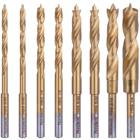 NordWolf 8-Piece HSS M2 Brad Point Wood Drill Bit Set, Titanium Nitride Coating with 1/8 (3.2mm) Shank for Rotary Tools & Flex Shafts, SAE Sizes 3/32-1/8-5/32-3/16-1/4 in Storage Case