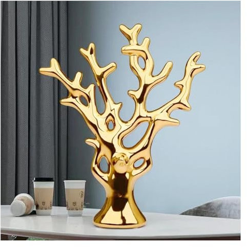 HEHUANG Ceramic Fortune Tree Sculpture Desktop Ornaments, Modern Style Money Tree Good Luck Decorations, Money Tree Creative Statue Home Decor for Home, Bedroom, Living Room, Office (golden)