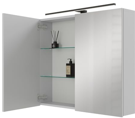 Planetmöbel ARIA Spiegelschrank Bad mit Beleuchtung 80 cm breit | Badschrank hängend mit Spiegel, Weiß Grau, mit Leuchte und Steckdose, Spiegelschrank Gäste WC 80 x 70 x 16 cm