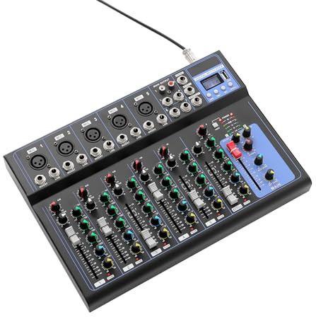 Tragbarer Bluetooth Audio Mixer, 7 Kanal Band Mischpulte mit USB-Audio-Schnittstelle, DJ Sound Mischkonsole mit MP3 Buchse für Aufnahme, DJ, Bühnen, Karaoke (7 Kanal)