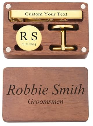 MeMeDIY Gemelli e Fermacravatta Personalizzati con Scatola di Legno Incisa con Nome Testo Iniziale Data Gemelli da Matrimonio per Polsini Camicia Regalo per Uomo/Sposo/Papà C2