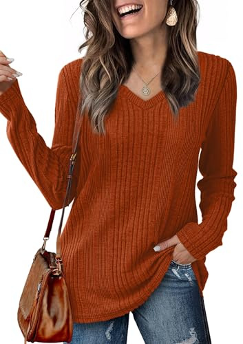 GLEENOD Jerséis para Mujer Cuello en V con Botones Tops de Manga Larga Suéter Ligero Túnicas Basica Pullover Camisetas