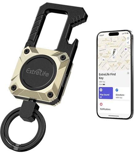Key Finder, Works with Apple Find My (iOS only), Bluetooth Item Tracker with Carabiner Key Chain Bottle Opener for Luggage, Keys, Bags, Rechargeable Battery, IP67 Water-Resistant, Champagne Gold