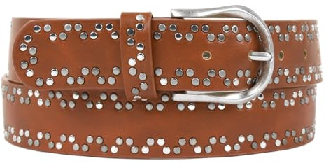 Zakatte • Damen Nietengürtel aus Kunstleder Jeansgürtel Damengürtel Taillengürtel Hüftgürtel Bikergürtel BS051 (Cognac, 75 cm)
