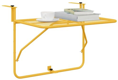 vidaXL Table Suspendue de Balcon Moutarde 60 x 39 x 65 cm Acier, Table de Jardin Adjustable, Pliable, Surface Robuste, mobilier Moderne pour Patio, Balcon