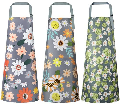 Vicloon Delantales Florales, 3 Piezas Delantal Impermeable, Ajustable con Delantal de Cocina de Bolsillo para Cocinar, Jardinería, Regalo