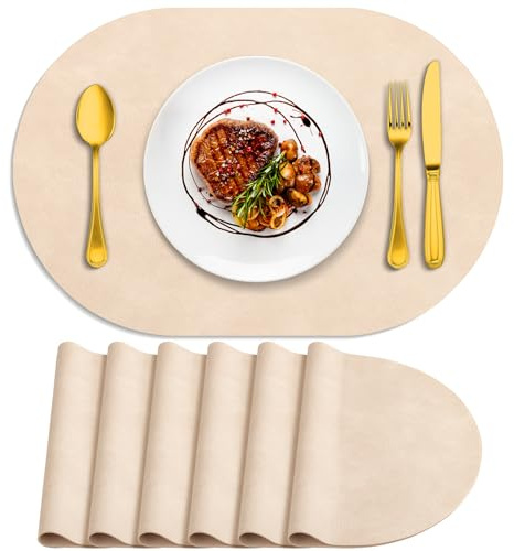 ADRIMER Platzsets, hitzebeständig, oval, waschbar, 30,5 x 43,2 cm, wasserdicht, abwischbar, PU-Tischsets für Küche, Esszimmer, Beige, 6 Stück