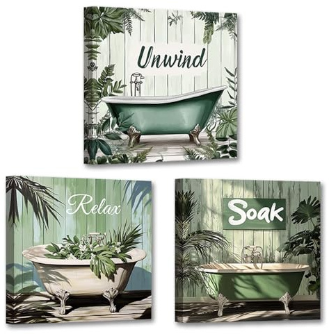 PBXBJY Bathroom Wall Art 3 Panels Vintage Bathroom Wall Decor Bathtub Canvas Print Green Plants with Bathtub Pictures Restroom Toilet Decor Framed (12x12inchx3Pcs)