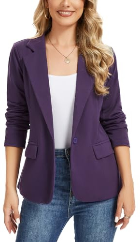 Kyzoeyou Blazer da donna, stile casual, da ufficio, con risvolto dentellato sul davanti, a maniche lunghe, con tasca con patta con bottone, P-viola, L