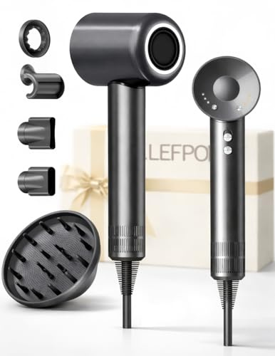Hair Dryer with Diffuser – Ionic Hair Dryer with 500 Million Ions, 5 Styling Attachments for Curls and All Hair Types, Quiet Operation, 110,000 RPM Brushless Motor, Ideal for Travel and Gifting
