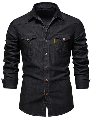 Camisa vaquera para hombre, camisa de manga larga, estilo vaquero, cuello Kent, negocios, informal, para el tiempo libre, camisa de negocios, corte ajustado, camisa azul de manga larga