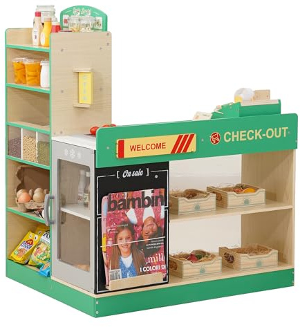 Wooden Grocery Store Playset for Kids, Pretend Play Market with Checkout Counter, Manual Conveyor Belt, Pretend Scanner, and Multiple Display Shelves, Interactive Toy Grocery for Boys & Girls Ages 3+