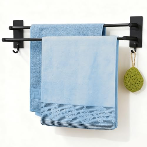 JINYOMFLY Porta Asciugamani Adesivo Nero, Doppio 60cm Porta Salviette Bagno Adesivo in Acciaio Inox, Portasciugamani da Parete con 2 Ganci per Bagno, Cucina