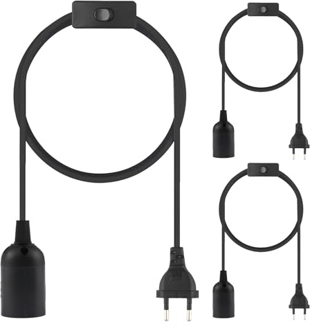 Douille e27 avec Interrupteur Douille Lampe 3 Pièces douille Ampoule a Visser avec câble 3 m et Prise Européenne pour Suspensions Plafonniers Lampes DIY Noir (Ampoule non Incluse)
