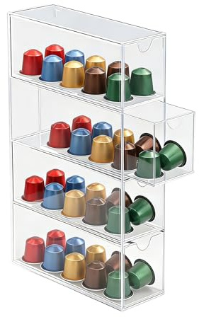 Aufbewahrungsschublade für Kaffeekapseln mit 4Schubladen Acryl Transparent | Kapselspender kompatibel mit Nespresso Kapseln, Kapselbox Organizer für Küche und Büro, 24,6 x 17,5 x 6,3 cm